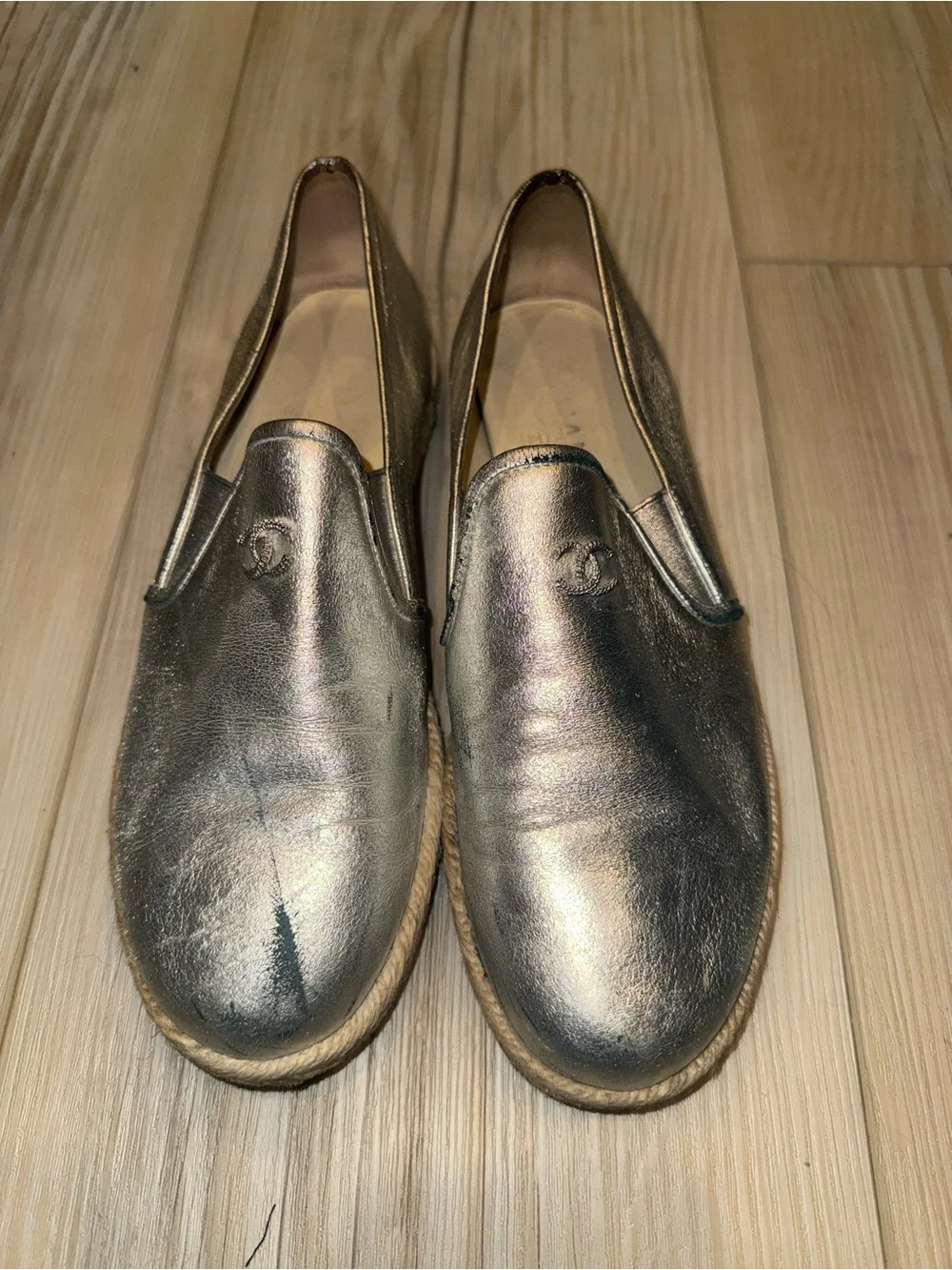 CHANEL Metallic Silver Leather Espadrille Flats